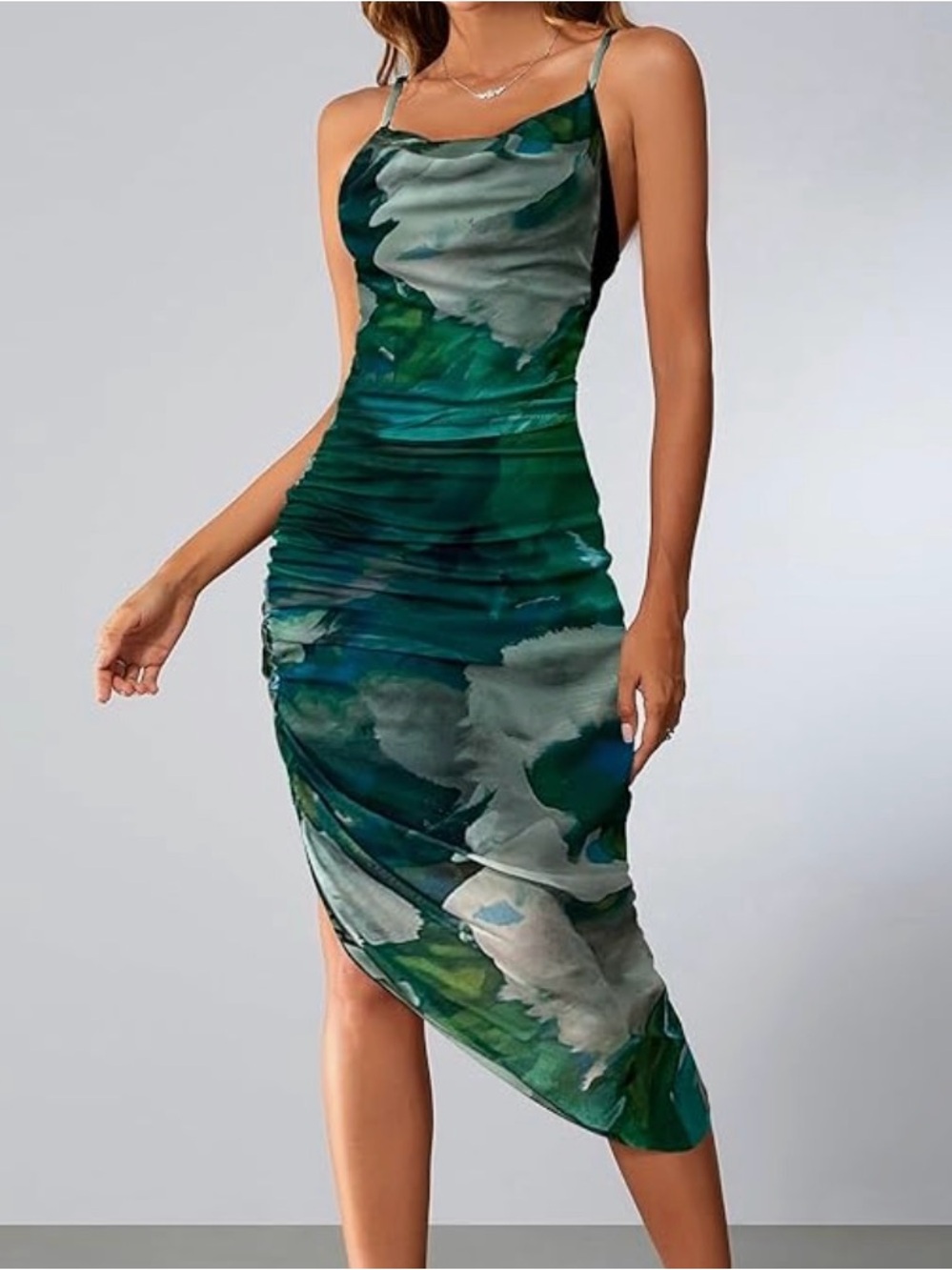 Multi Green Watercolor Slip Midi Dress - Elegant Spaghetti Strap Size Medium